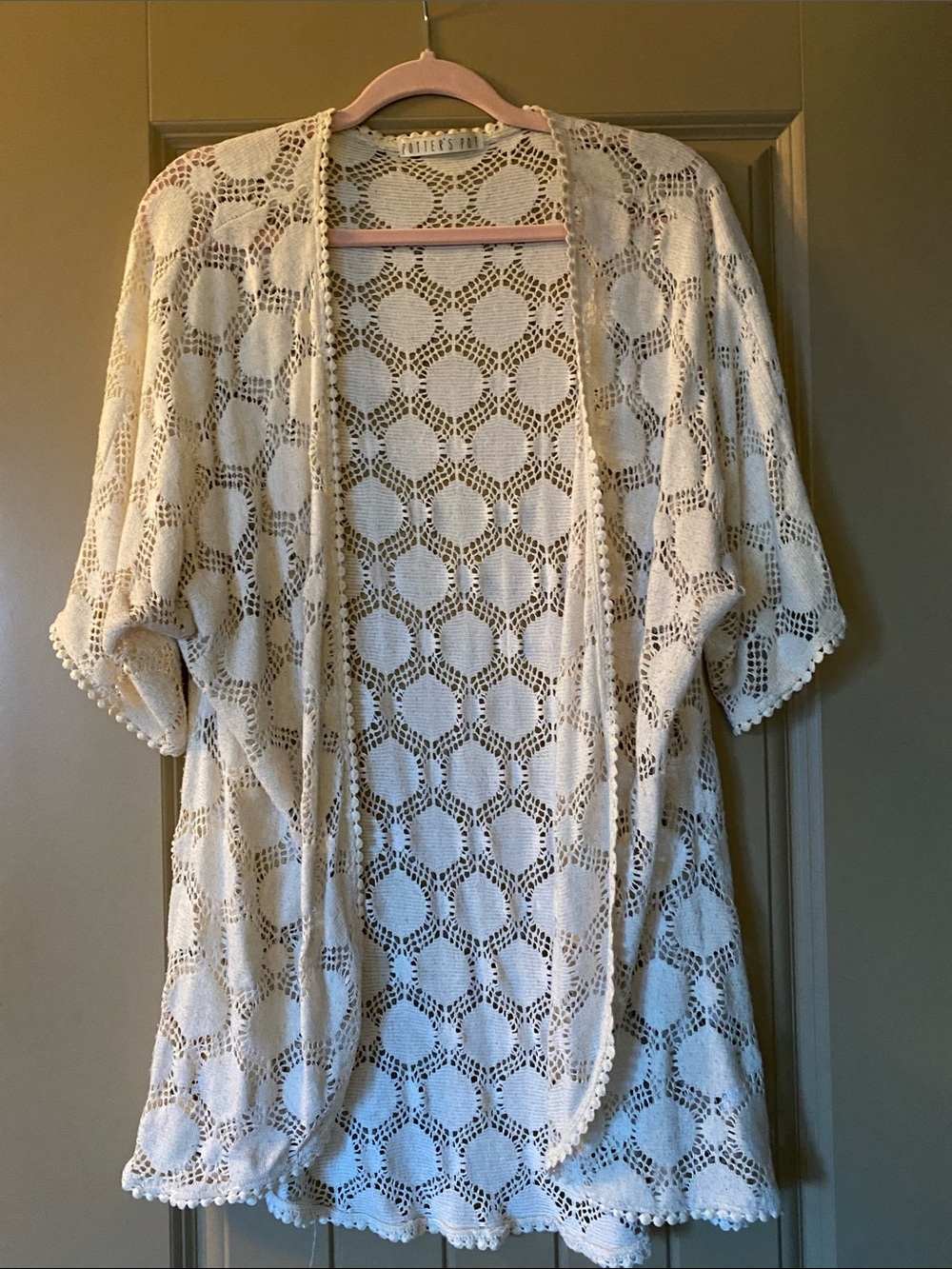 Potter's Pot Cream Crochet Open-Front Kimono Size Large